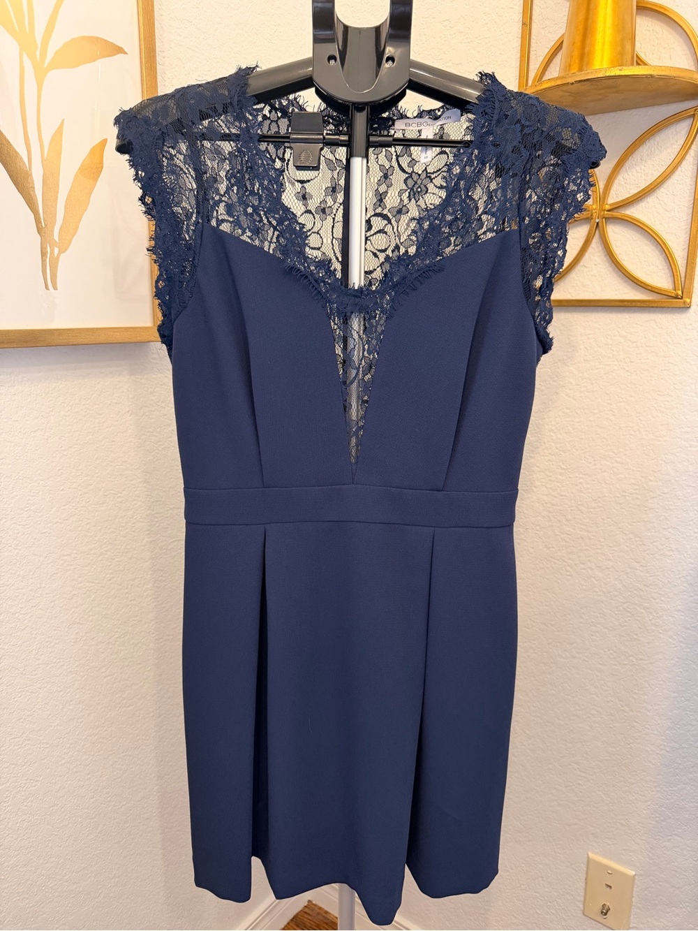 BCBG Lace-Trim Cap Sleeve Navy Dress